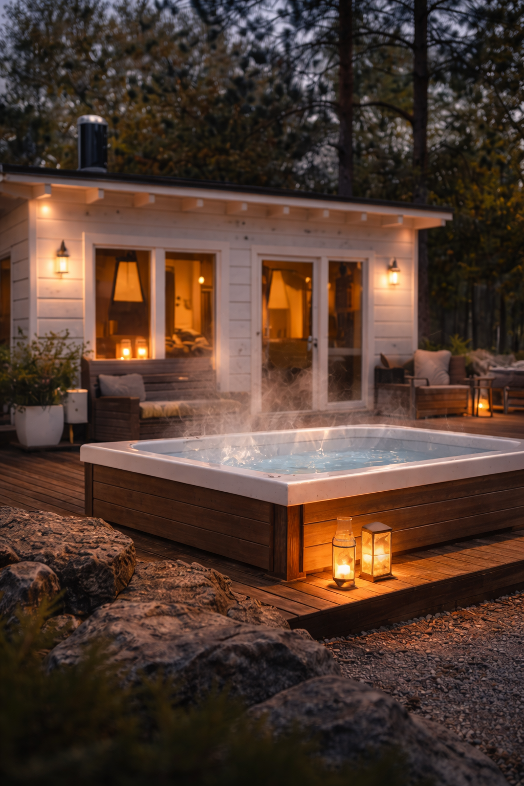 Rentoutumistila sohvineen ja ikkunanäkymineen